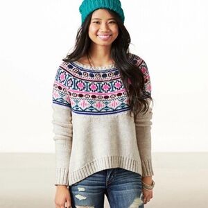American Eagle Multicolor Off The Shoulder Wool Blend Aztec Print Sweater XS